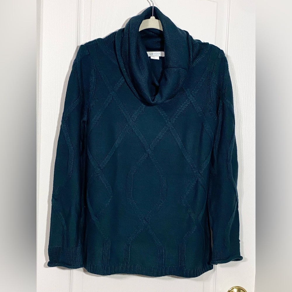 Lizwear Textured Diamond Knit Cowl Neck Sweater Teal Medium
